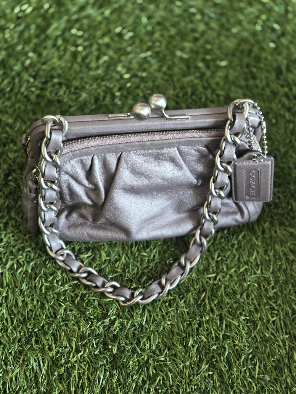Vintage Coach Parker Gray Metallic Leather Kisslock Bag 13621